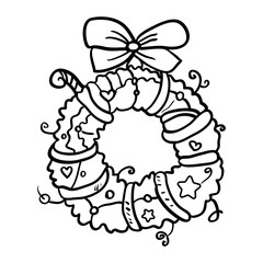 Christmas decoration on the door. Coloring page or book, antistress, hobby. Vector wreath of Christmas branches. - Vector. Vector illustration