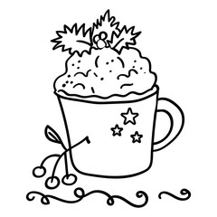 Coffee with foam. Decoration of Holly, mistletoe. Coloring page or book, antistress, hobby. - Vector. Vector illustration