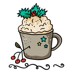 Coffee with foam. Decoration of Holly, mistletoe. - Vector. Vector illustration