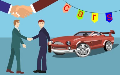 Car seller and buyer handsshake, Car sale or rental car. Seller man give the car keys to the buyer. Vector illustration 