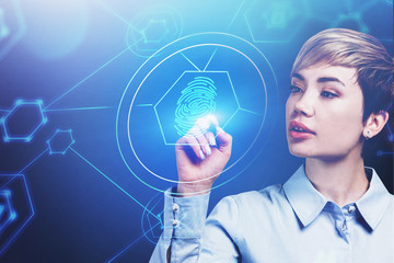 Woman working with cyber security interface