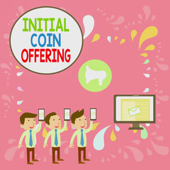 Word writing text Initial Coin Offering. Business photo showcasing crowdfunding using cryptocurrencies raising capital SMS Email Marketing Media Audience Attraction Personal Computer Loudspeaker