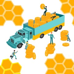 people working on the truck with, golden coins. financial growth and stability concept. Business poster for presentation, social media, banner, web page.  vector illustration