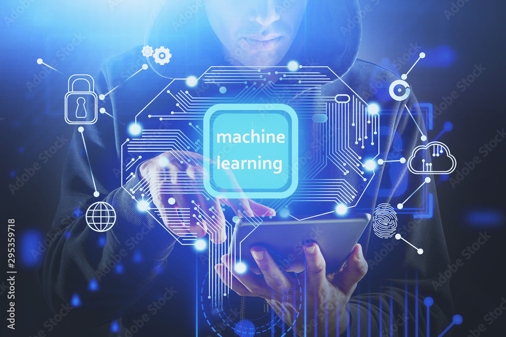 Poster man with tablet using machine learning interface