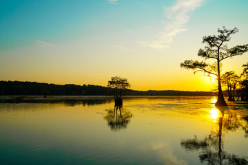 Fototapeta na wymiar Sunset view at Caddo Lake near Uncertain, Texas