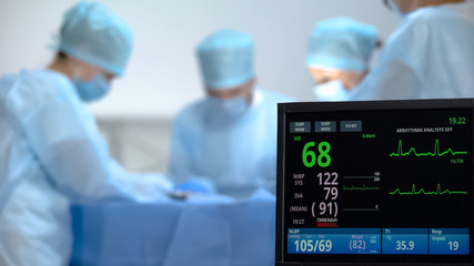 Ecg monitor recording activity of heart rate during hospital operation, surgery