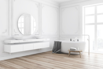 Luxury white marble bathroom corner, sink and tub