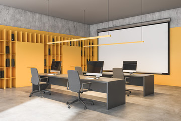 Yellow office or classroom with whiteboard