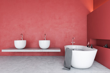 Fototapeta na wymiar Red loft bathroom interior with tub and sink