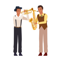 cartoon saxophonist and trumpeter, flat design