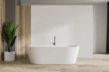 Obraz na płótnie Canvas White and wooden bathroom with tub and plant