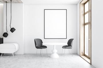 Armchairs and poster in minimalistic living room