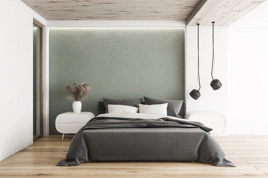White and gray minimalistic bedroom interior