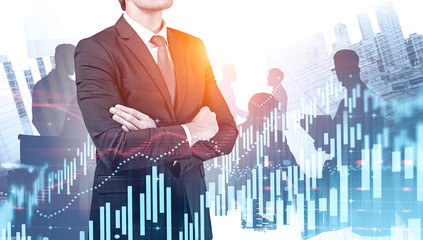 CEO and his team in city, forex chart