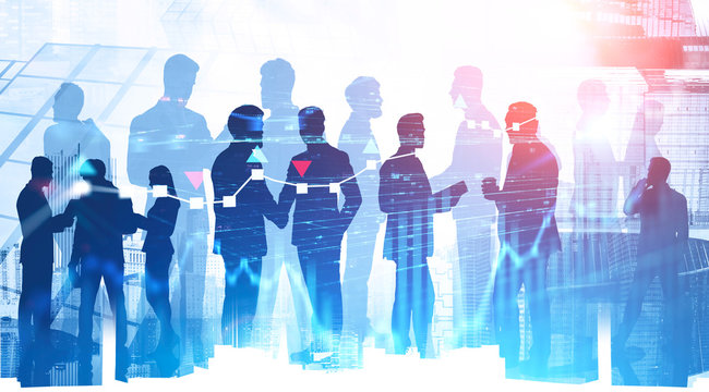 Business people communicate in city, digital graph