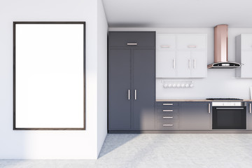 White and gray kitchen with mock up poster
