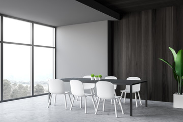Gray and wooden dining room interior