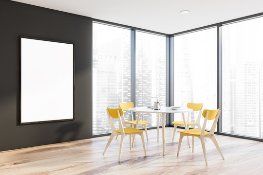 Panoramic gray dining room, round table and poster