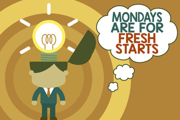 Word writing text Mondays Are For Fresh Starts. Business photo showcasing Begin again every week have a good morning Standing successful man suit necktie surging brilliant innovative solutions