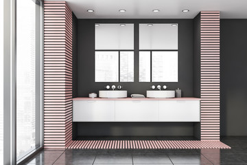 Double sink in gray and pink bathroom interior