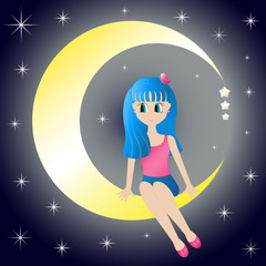 Cute girl sitting dreaming on the moon on background night starry sky. Cartoon style. Vector illustration. EPS10.
