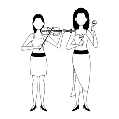 cartoon girl musicians with instruments, flat design