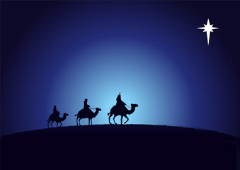 Christmas scene kings wise men in silhouette and star on navy blue background. Christian Nativity greeting card birth of Christ, vector banner or greeting card