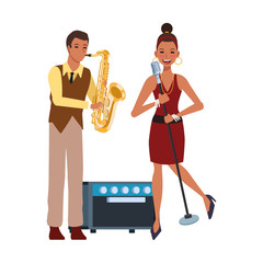 cartoon singer woman and saxophonist, flat design