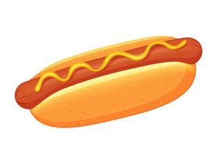 Delicious hot dog on white background. Cartoon style. Vector illustration. Isolated on white. Object for packaging, advertisements, menu.. Unhealthy tasty food. Fast food meal.