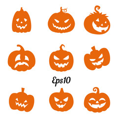 Collection of orange pumpkins for decoration for Halloween holiday, silhouette on a white background