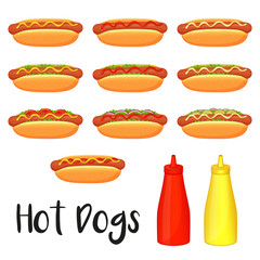 Collection of delicious hot dogs ketchup on white background. Cartoon style. Vector illustration. Isolated on white. Object for packaging, advertisements, menu. Black and white.  Fast food meal.