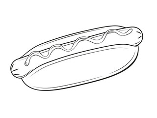 Delicious hot dog on white background. Cartoon style. Vector illustration. Isolated on white. Object for packaging, advertisements, menu. Black and white. Unhealthy tasty food. Fast food meal.