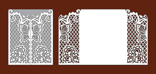 Wedding invitation with lace decoration. Fairy butterfly and floral ornate ornament. Laser cut template for party. Envelope for greeting card. Openwork vector silhouette of fold gate for cutting.