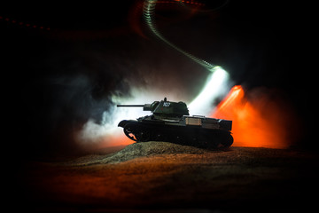 War Concept. Military silhouettes fighting scene on war fog sky background, Silhouette of armored...