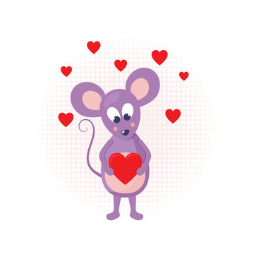 Mouse with heart in cartoon style. Funny cartoon character. Colorful image. Modern card design. Colorful silhouette. Greeting Valentines day card vector. Beautiful Valentines day illustration