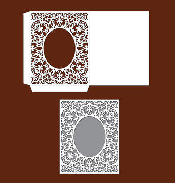 Wedding invitation with lacy border. Laser cut template. Envelope with oval, mandala, abstract floral pattern. Openwork silhouette with ornament. Oriental vector cutting. Mockup greeting card.