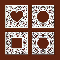 Set of frame in shape of ornamental heart, circle, square, polygon with lace border. Laser cut template for wedding invitation. Openwork silhouette of greeting card with abstract mandala ornament.