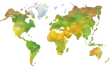 Illustration of hand painted Earth map in watercolor style.