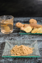 Ginger powder, infusion and cut root