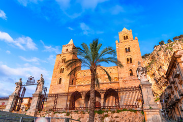 Cefalu, Sicily, Italy: Town square with The Cathedral or Basilica of Cefalu, a Roman Catholic church built in the Norman style - obrazy, fototapety, plakaty