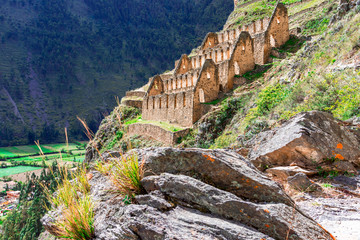 Ollantaytambo, Peru, Sacred Valley: Pinkuylluna, ruins of ancient Inca storehouses