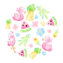 Cute cartoon illustration. Hand drawn watercolor. Tropical pink flamingo, watermelon, pineapple flowers in a circle isolated on white. Template for postcard.