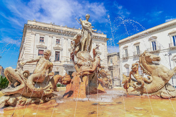 Fototapeta na wymiar Siracusa, Sicily island, Italy: Diana Fountain in Archimedes Square, Ortigia, Syracuse