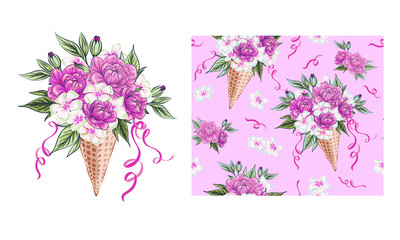 Beautiful holiday collection with delicate bouquet of colorful blooming, branches and leaves in waffle cone ice cream,  floral seamless pattern with blooming flowers peonies, flower buds  in waffle co