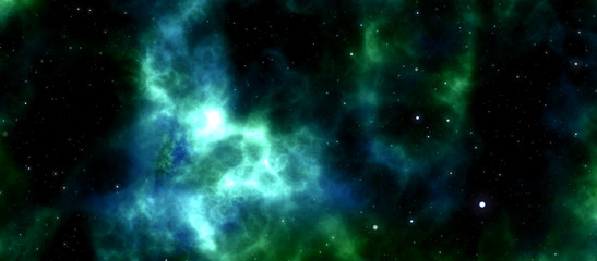 Star field voyage with stars and blue and green cosmic space nebula, digital art illustration work. © Roberto Sorin
