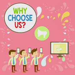 Word writing text Why Choose Us Question. Business photo showcasing Reasons for choosing our brand over others arguments SMS Email Marketing Media Audience Attraction Personal Computer Loudspeaker