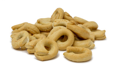 Italian taralli on a white background macro photography