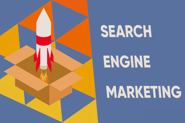 Text sign showing Search Engine Marketing. Business photo text promote Website visibility on searched result pages Fire launching rocket carton box. Starting up project. Fuel inspiration