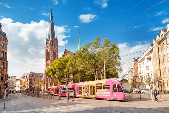 02 August 2019, Saarbrucken, Germany: Tram public transportation at the city street