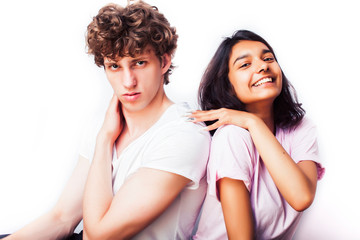 Obraz premium best friends teenage girl and boy together having fun, posing emotional on white background, couple happy smiling, lifestyle people concept, blond and brunette multi nations closeup